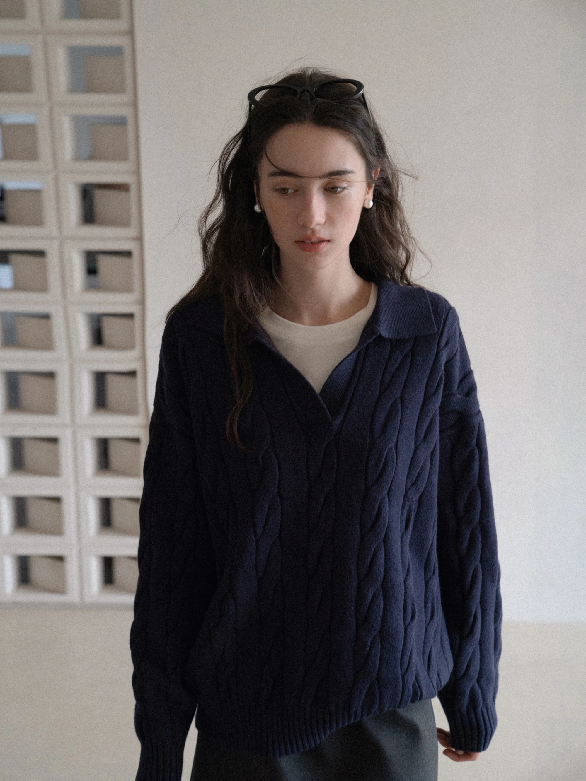 

Свободный вязаный свитер EGGKA с длинными рукавами, повседневный, с отложным воротником, синий, стройнящий силуэт