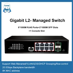 TEROW L2 Managed Switch Gigabit 1000Mbps Ethernet Switch with 2*1000M SFP Slots and 8*100/1000M Ports Gigabit Switch NO POE