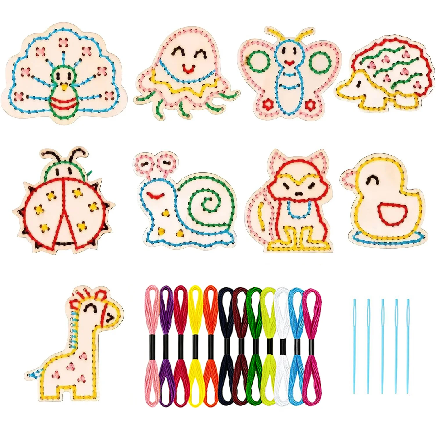 23pcs Wooden Animal and Insect Shape Lacing Material Kit,Fun Sewing DIY Craft Ornaments, for Classroom Activities and Family DIY