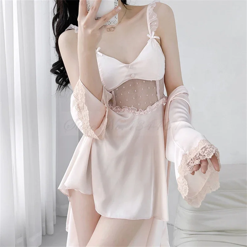 Sexy Female Robe Two Piece Set Nightgown Summer Satin Sleepwear Perspective Mesh Lace Suspender Nightdress Lingerie Home Wear