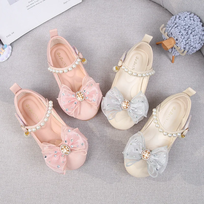 

Sweet Children Leather Shoes Bow Elegant Girls Beading Mary Janes Spring Autumn Pink Princess Dance Dress Flat Shoes Hook & Loop