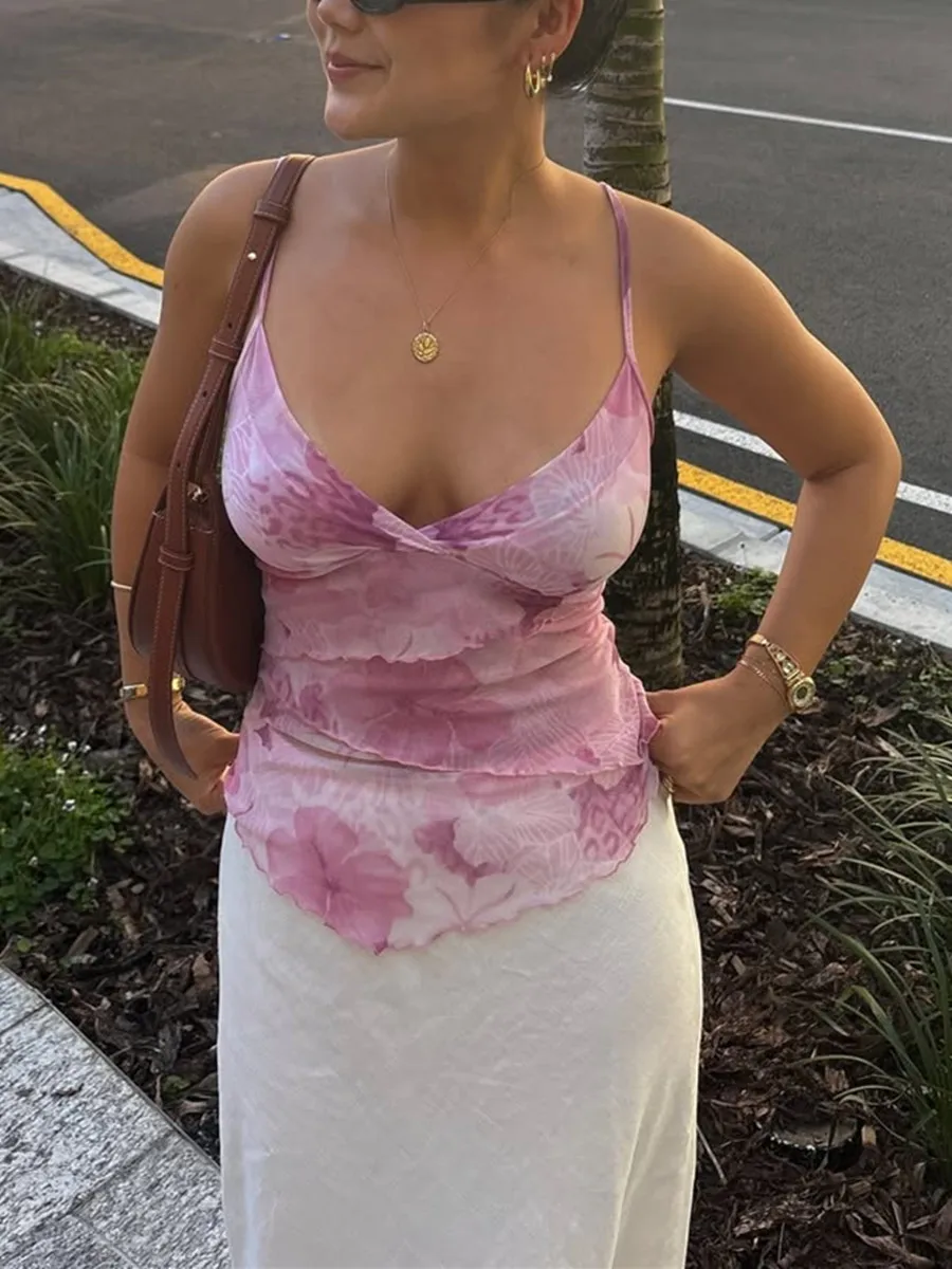 

Women Floral Prints Tank Tops Summer Chic V-neck Sleeveless Spaghetti Strap Slim Fit Vest Ladies Low Cut Camis Tops Club Y2K 00s