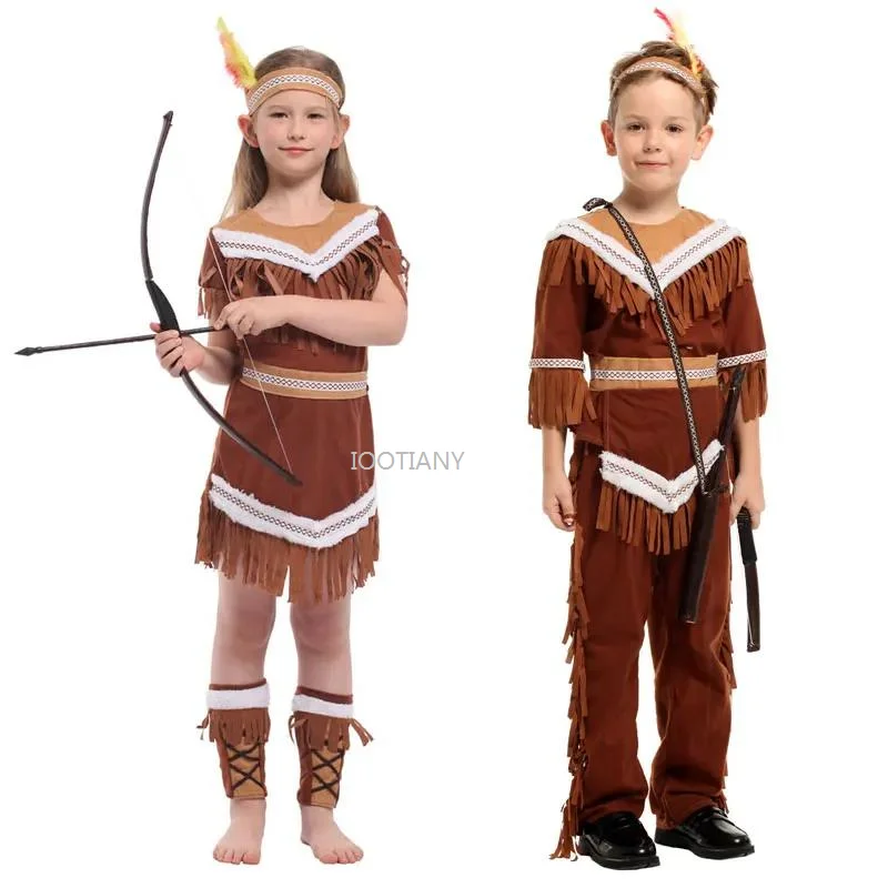 Children's Masquerade Cos Party Dress Kids Indian Princess Native Archer Huntress Costume Girls Boys Carnival Purim Cosplay Set