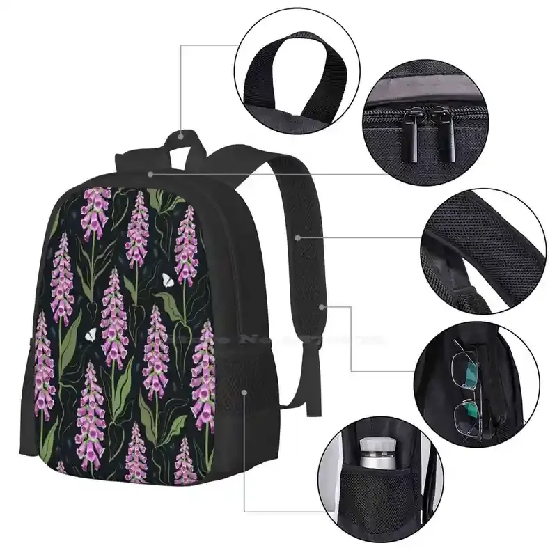 Foxgloves Pattern Schoolbag Backpack, bolsas de moda, padrão botânico do jardim, flor floral, folha de natureza florescendo, rosa, venda quente