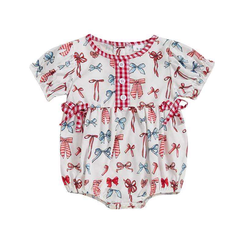 

Baby Fourth of July Romper for Girls Cute Short Puff Sleeve Bow Print Bodysuit Newborn Playsuit