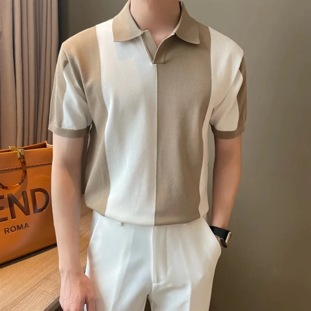 New Summer Knitted Shirt Men's Golf Top Quick Drying Breathable Cool Color Blocked Short Sleeved Men's V-neck Polo Shirt