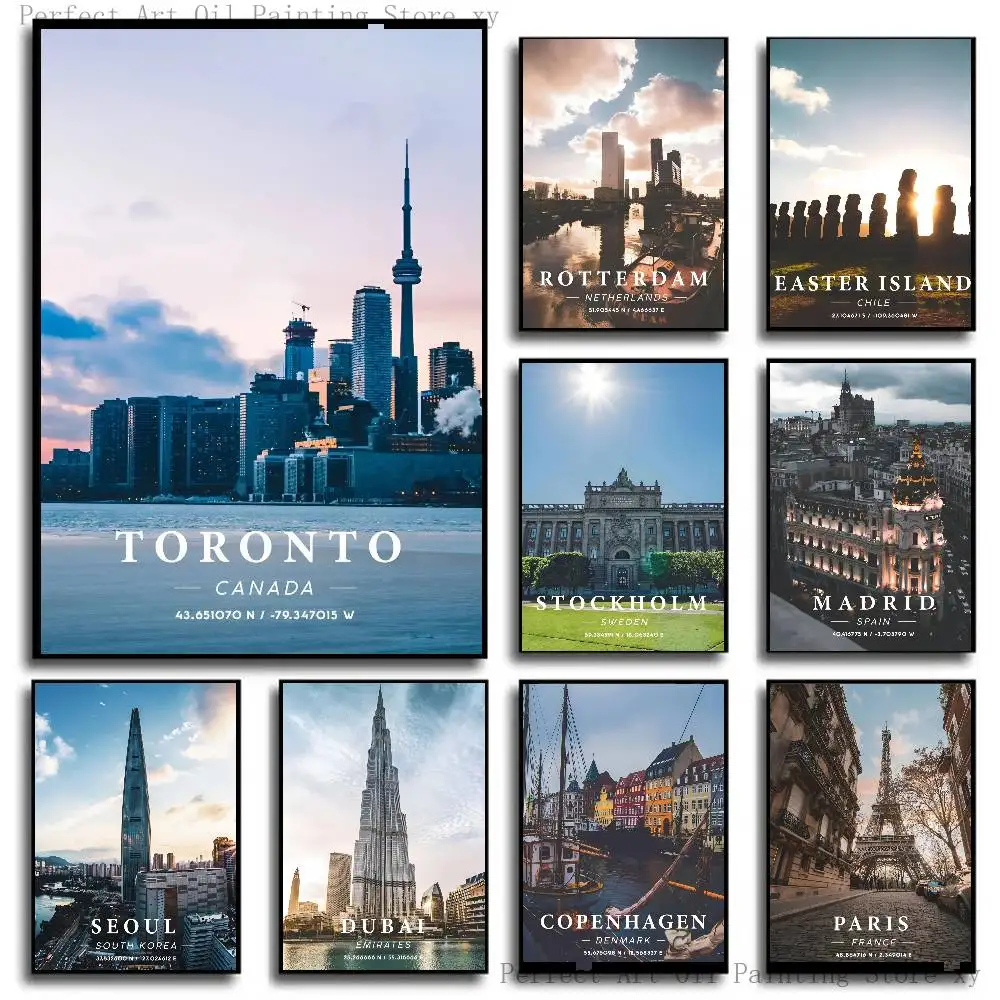 Tourist City Paris New York Landscape Coordinates Poster Self-adhesive Art Room Entrance Restaurant Wall Decor Art Painting