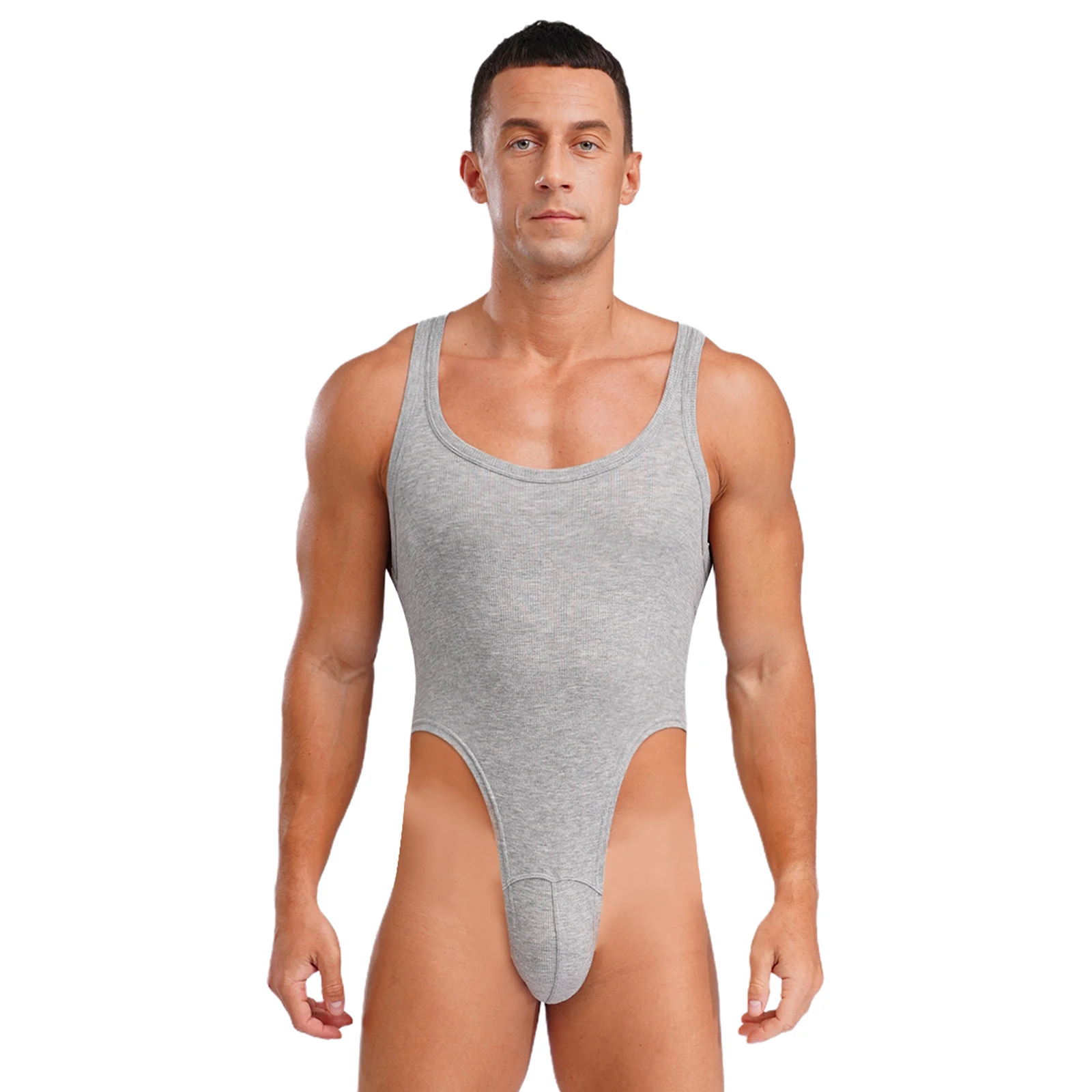Men's U-Neck Sleeveless Ribbed Leotard High-Cut Bodysuit for Workout Bodybuilding Gym Training Sports Fitness Athletic Wear