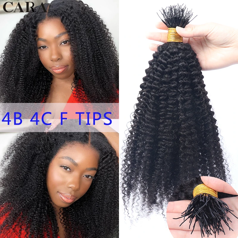 

F Tip Microlinks Hair Extensions Human Hair Nano Beads 4B 4C Afro Kinky Curly I Tips Brazilian Bulk Virgin Hair For Women Black