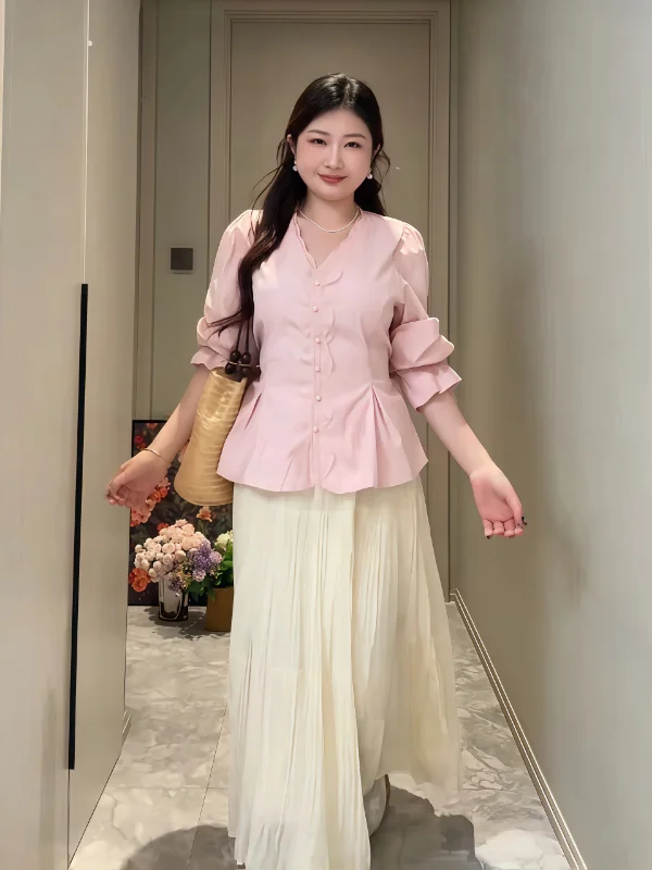 

plus Size Lace Splice Long Sleeve Shirt Women Summer Versatile Commute Style Color Waist Cinching Slimming V Neck Top