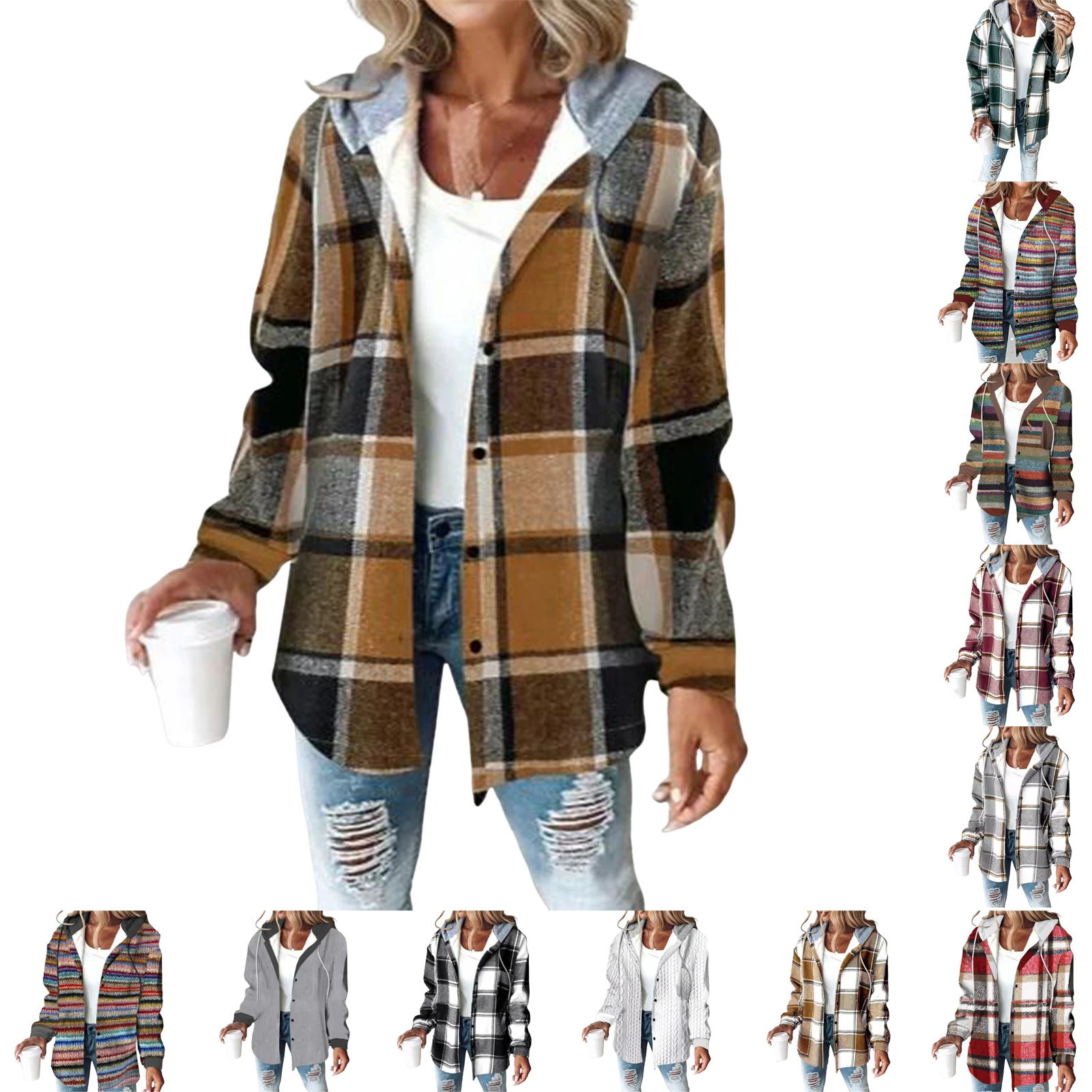

Женская модная куртка-кардиган с большим клетчатым узором и капюшоном на пуговицах, повседневное универсальное мягкое теплое зимнее пальто