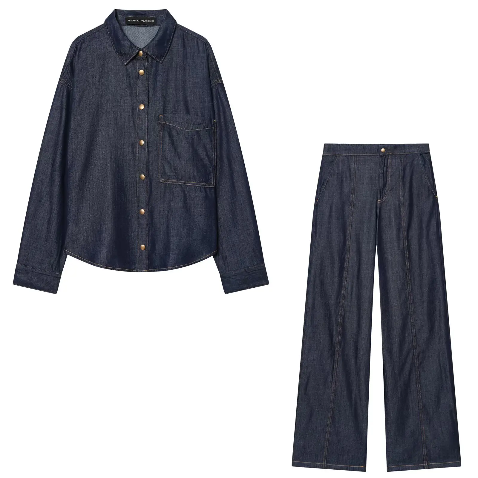 

Vintage Dark Blue Denim Two Piece Set Women Oversized Jean Shirt And Wide Leg Pants Suits 2026 Spring High Street Matching Sets