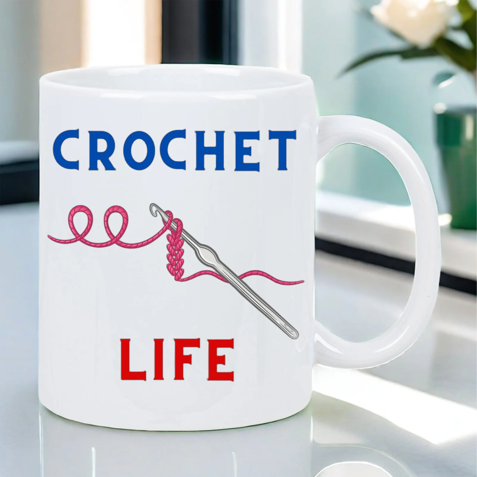 Crochet Life Ceramic Mug - White with Bold Red & Blue Crochet Hook & Yarn Design, Hand Wash Solely, Dura