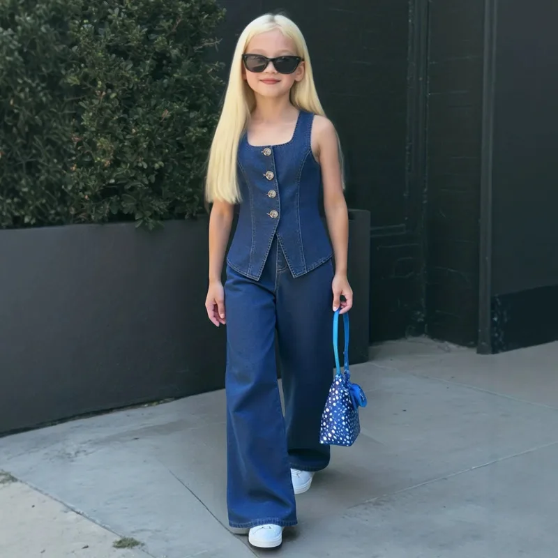 Girls Jean 2piece Set Fashion Denim Buckle Sleeveless Vest Elastic Waist Wide-Leg Pants  5-14 Years Outfit Children Kid Clothes