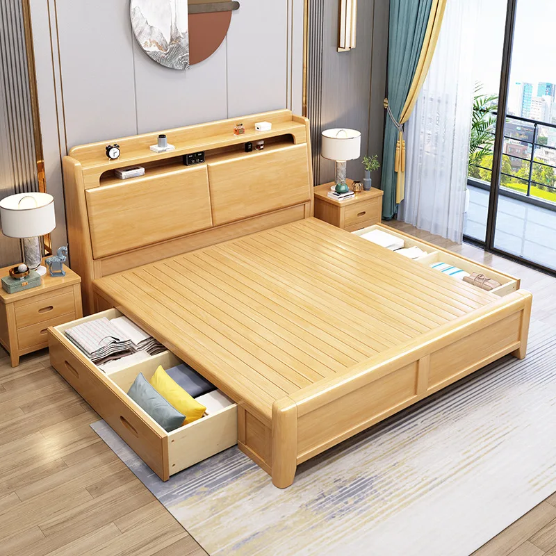 

Кровать из массива дерева, скандинавская современная простая двуспальная кровать для спальни длиной 1,8 метра, 1,5 м, для маленькой квартиры и дома