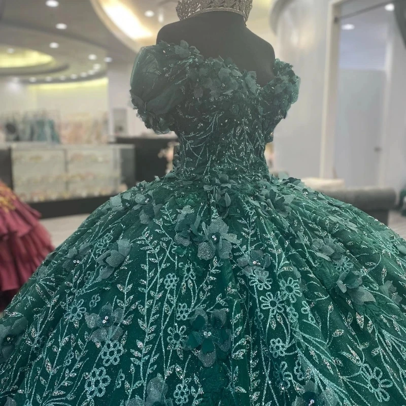 Vestidos de princesa verde para quinceañera, vestido de baile con hombros descubiertos, encaje Floral, dulce 16, 15 Años, mexicano