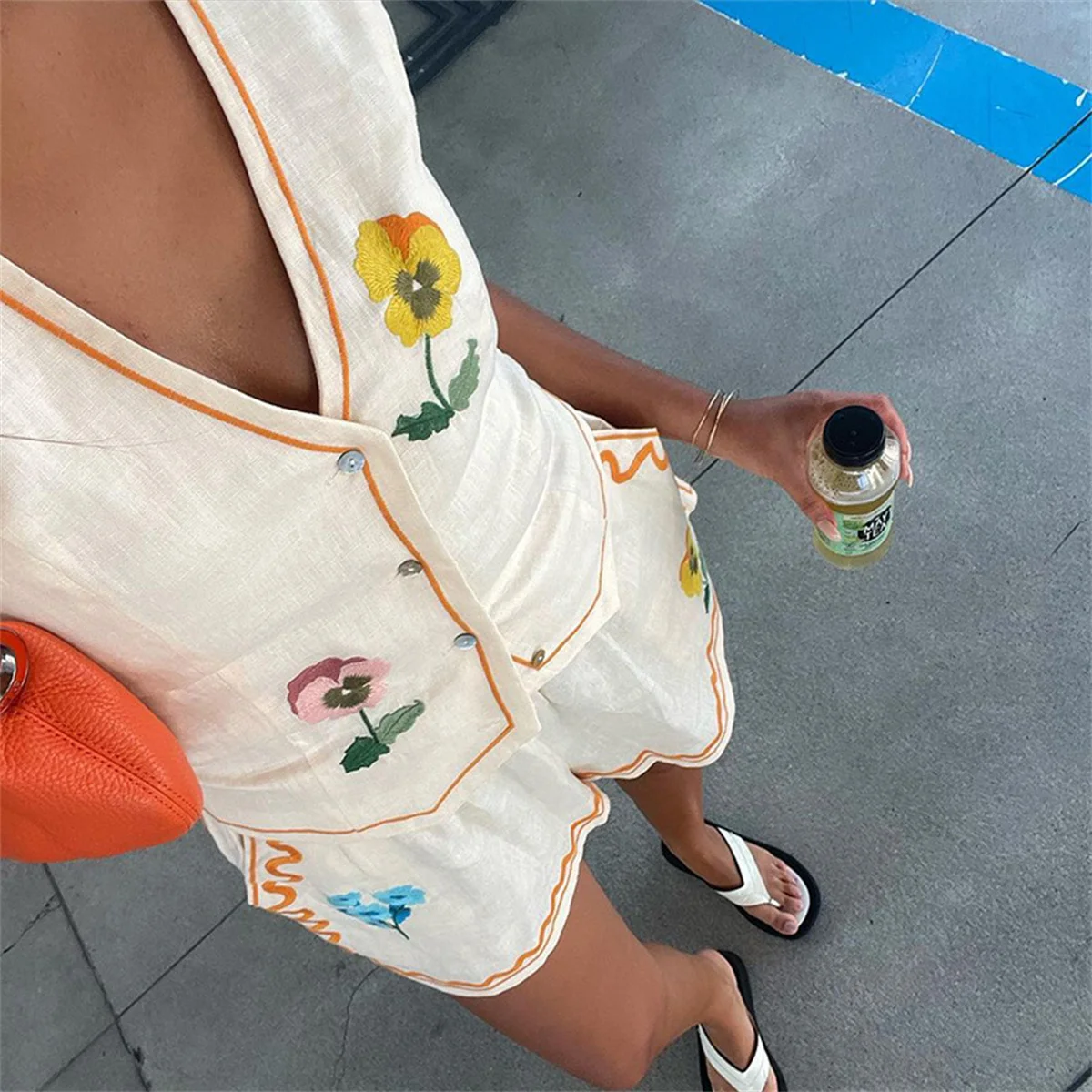 Chic Flower Embroidery Shorts Sets for Women Sleeveless V-neck Vest High Waist Loose Shorts Ladies Floral 2 Pcs Sets Streetwear