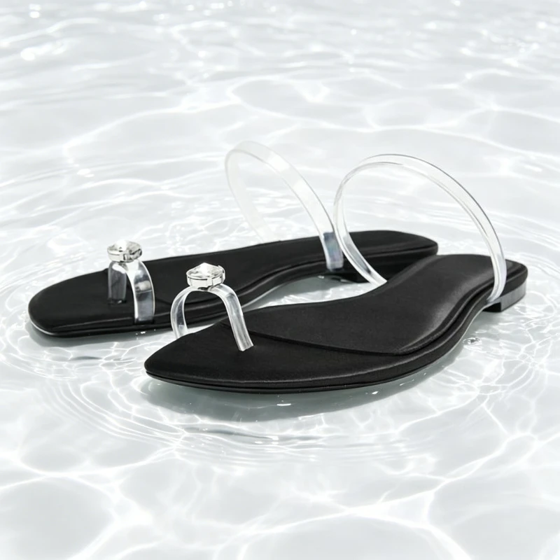 

Luxury Sequin Details Transparent PVC Flat Sandals Women Sexy Round-toe Clip Toe Flip Flops Summer Elegant Women Shoes Sandalias