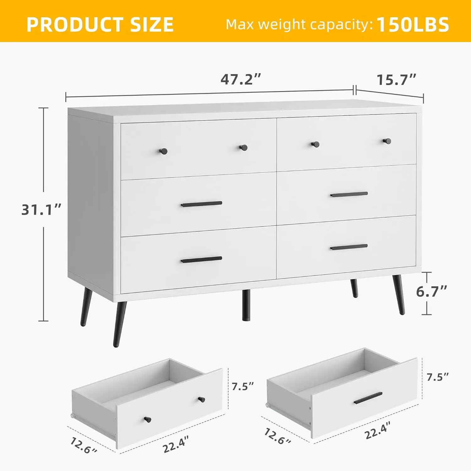 DWVO White 6 Drawers Dresser, Modern Wood Dresser Chest of Drawers with Black Metal Handle ＆ Anti-Tipping Device, Modern Double