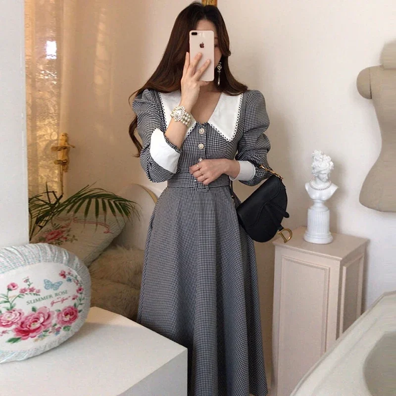 Korean Chic Temperament Single-breasted Lapel Plaid Dress Sashes Slim High Waist Puff Long Sleeve Vestido Feminino Elegant Fall