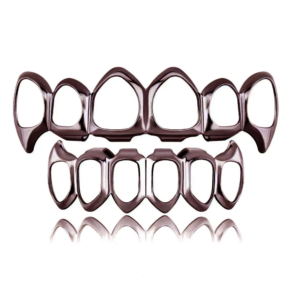 Glossy Finish Hollow Teeth Grillz Top Bottom Set Eco-friendly Copper Anti Slip Teeth Grillz Caps Shiny Silver Teeth Jewelry