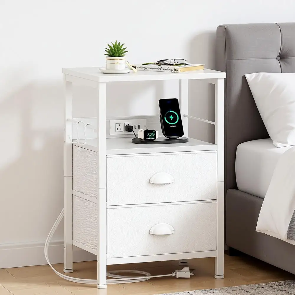 

End Table Charging Station, Nightstand Fabric Drawers, Side Tables USB Outlets, Night Stand Storage Shelf Hooks, Living Room Bed
