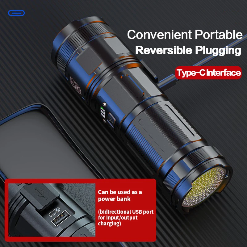 مصباح يدوي LED عالي الطاقة قابل لإعادة الشحن طويل المدى مع شاشة عرض COB فانوس ضوء خلفي بطارية مدمجة من النوع C شعلة ضوء قوية