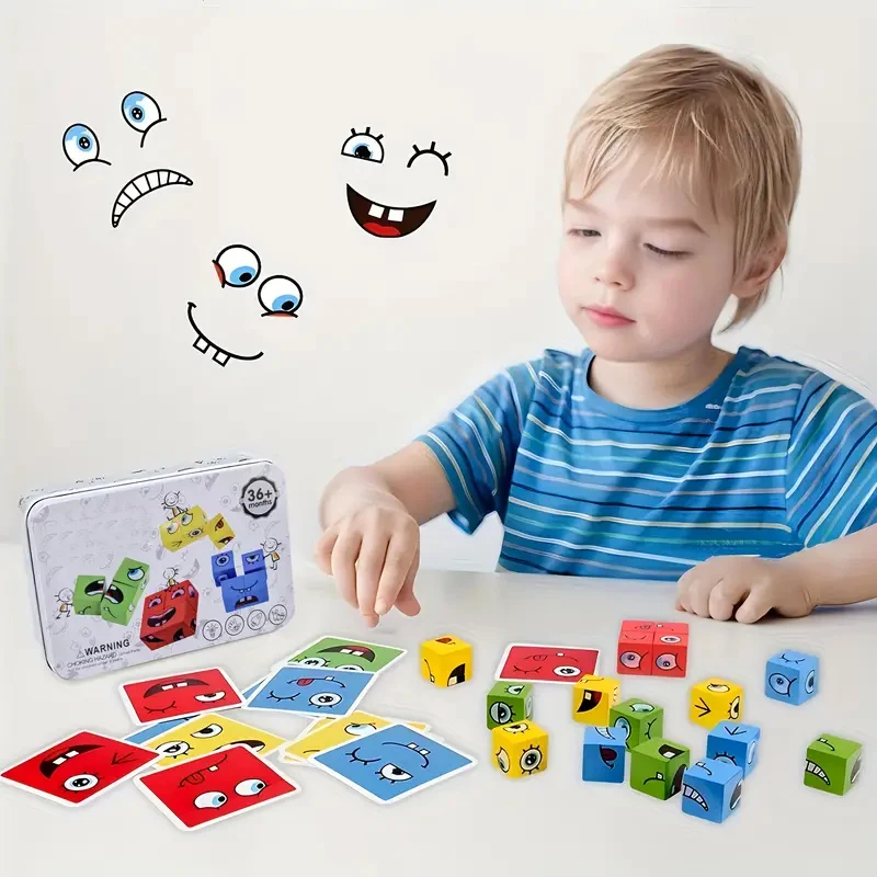 Blocs de construction en bois pour enfants, quatre personnes, bataille, visage changeant, Expressions faciales, Cube magique, jeux interactifs en bois