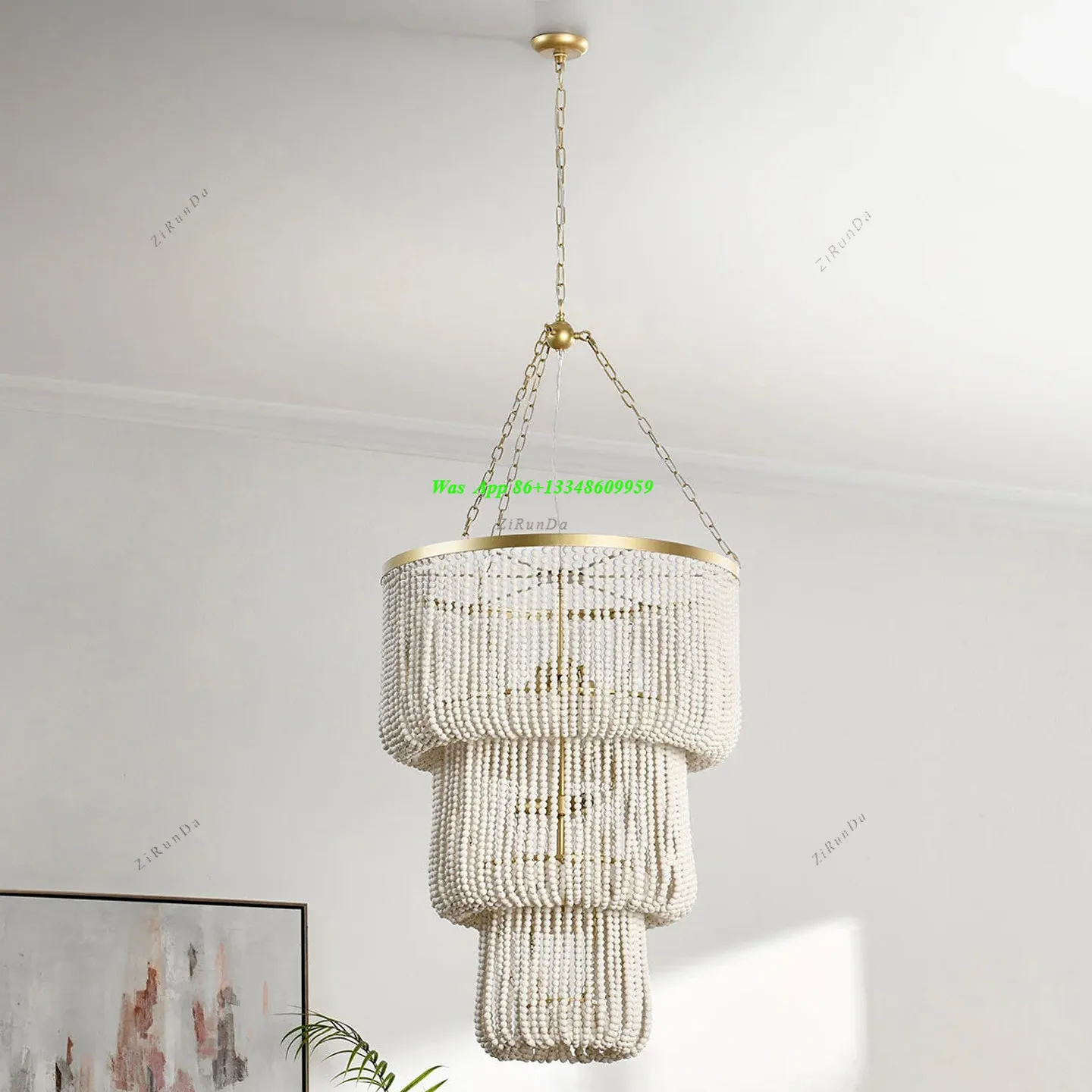 French Retro Multi-layer Wooden Bead Chandelier, Creative Art Villa Staircase Hall Main Light