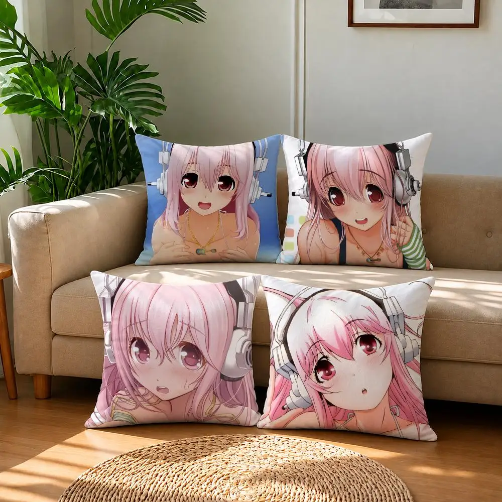 Anime Super Sonico  Cushion Cover Short Plush Pillowcase, Sofa Bedroom Home Decor & Holiday Gift
