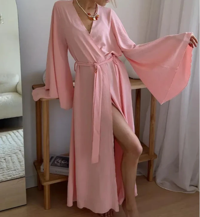 

New Flared Sleeve V-neck Fashionable Lace Up Sunscreen Jacket Long Robe Nightgown for Home and Outdoor Wear