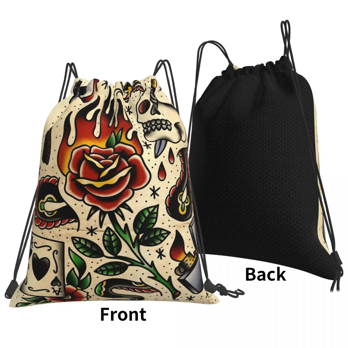 American Traditional Flash Pattern Tattoo Backpacks Portable Drawstring Bundle Pocket Sundries Bag Book Bags for Travel Students