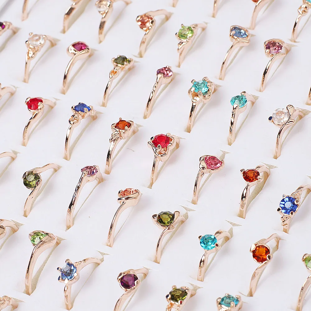 QianBei Wholesale 50pcs/Set New Female Crystal Rhinestone Golden Color Women Rings Engagement Wedding Jewelry