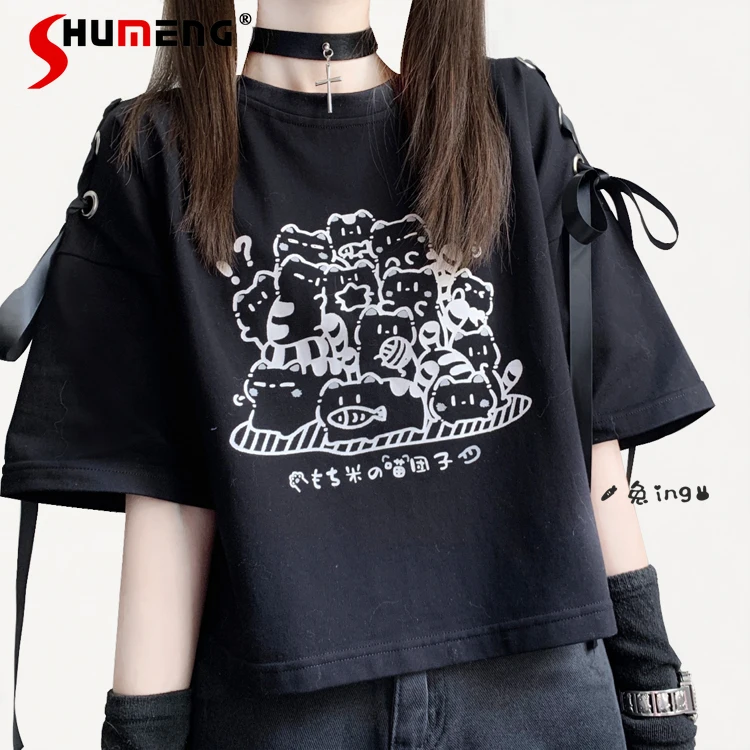

Japanese Subculture Sweet Cool Girl Y2K Top Round Neck Lace-up Short Sleeve Cartoon Print Loose Versatile Crop T-Shirt Top Women