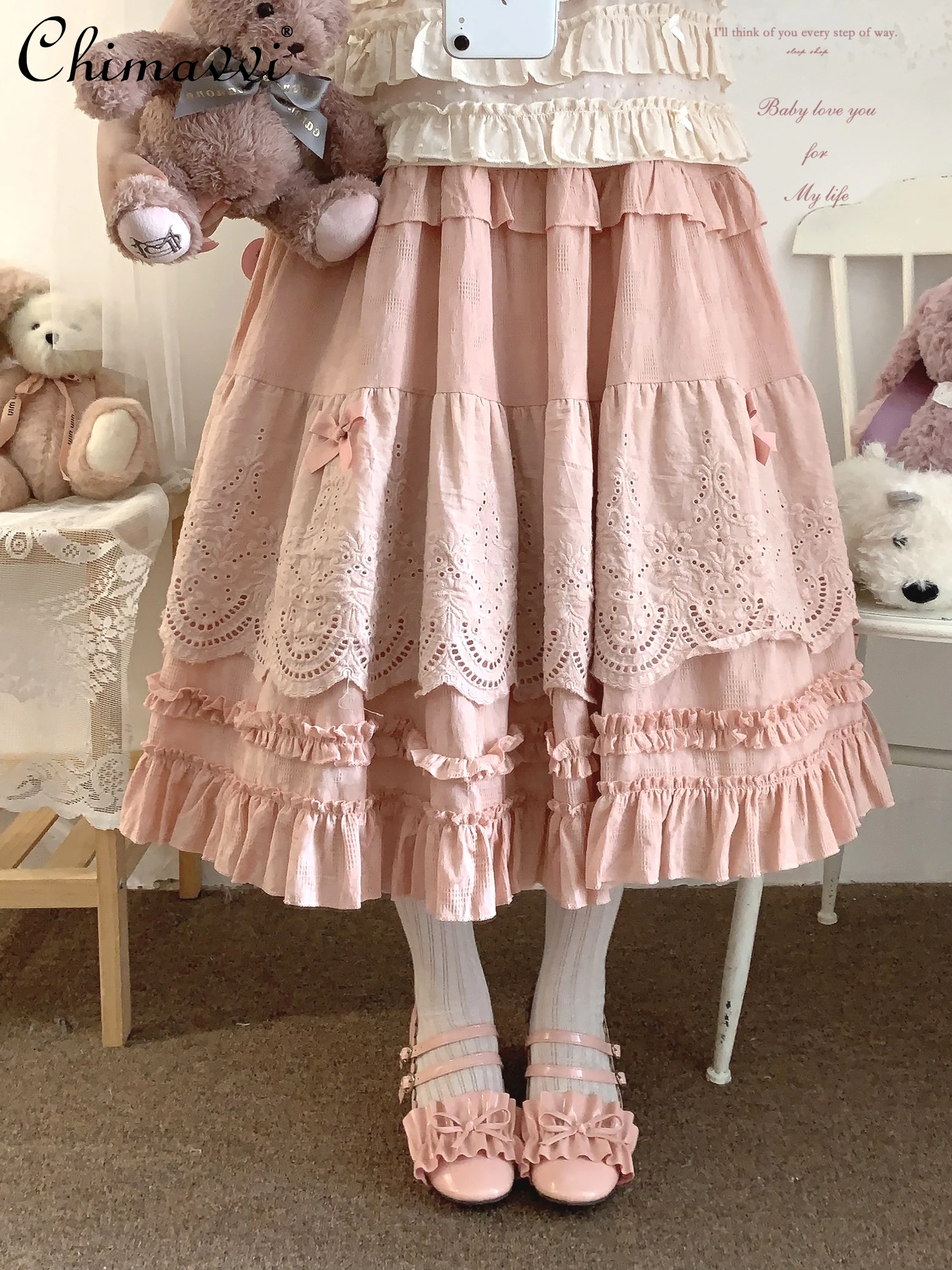 New 2024 Autumn Clothes Sweet Girls Embroidered Lace Vintage Bow Fungus Lotus Leaf Skirt Lolita Female Mid-length A Line Skirts