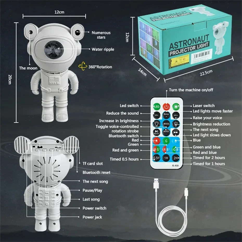 Aurora Astronaut Nebula Remote Control Bluetooth Music Sound Kid DIY Swirling Starry Night Light Romantic Starry Sky Projector