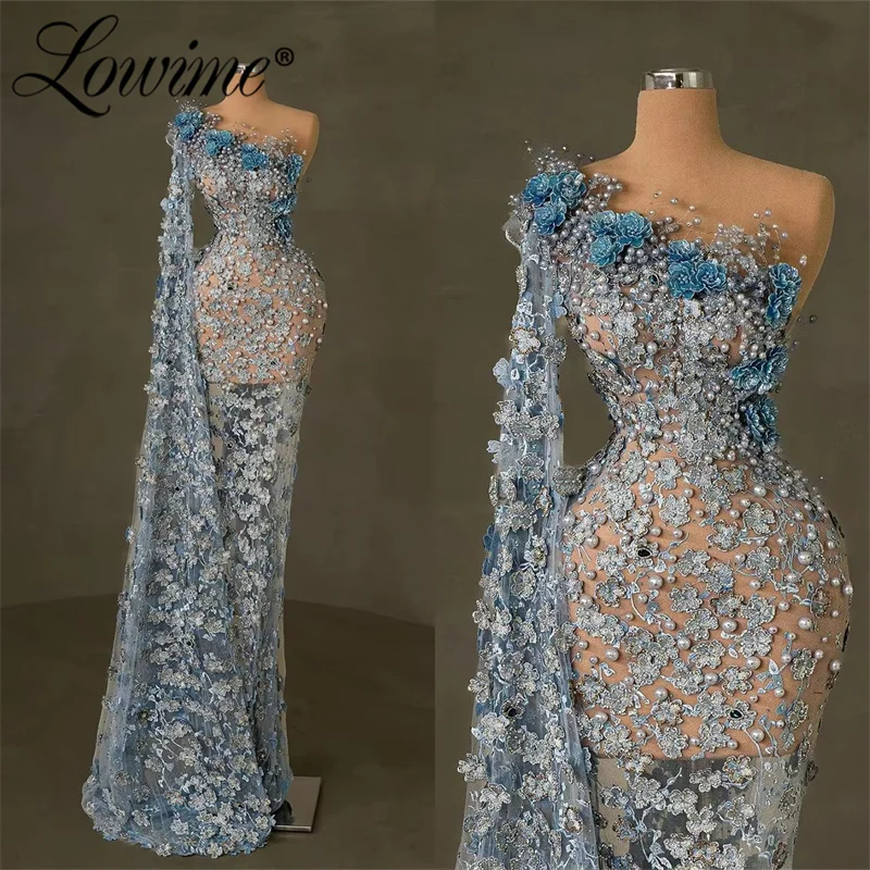 2024 See Through Blue Floral Lace Evening Dress Mermaid One Shoulder Pearls Prom Dresses Aso Ebi Crystals Engagement Gowns Robes