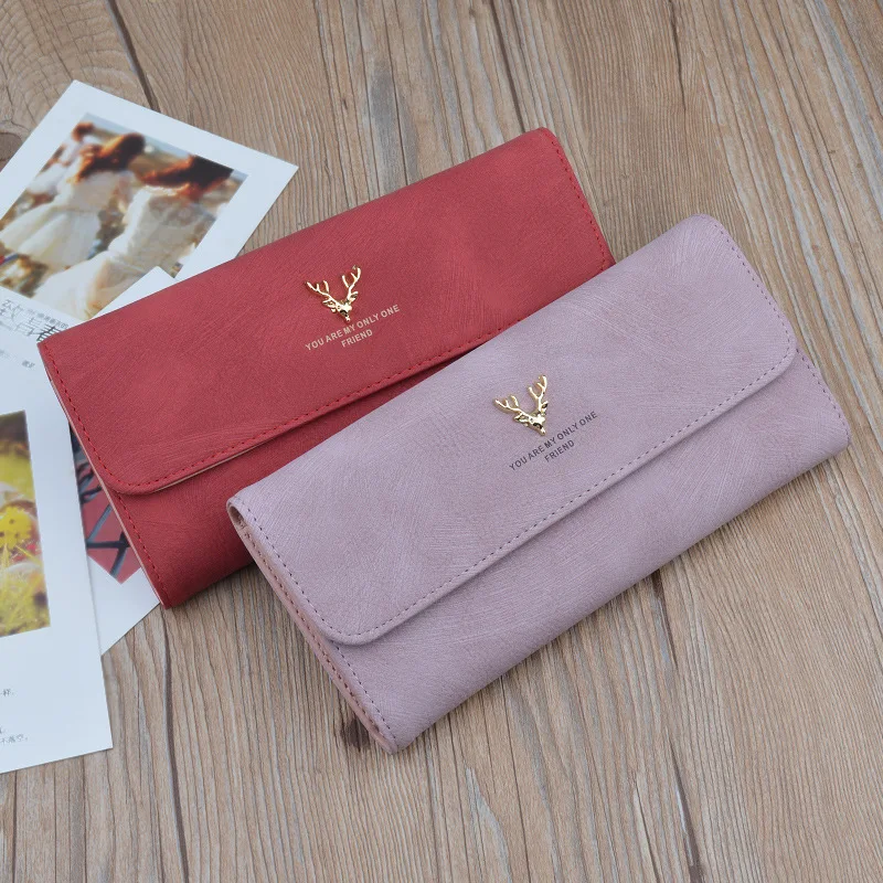 Women's Wallets Multifunctional Fashion New Frosted Long Wallet Retro Deer Snap Clasp Clutch Bag PU Leather Female Coin Purse