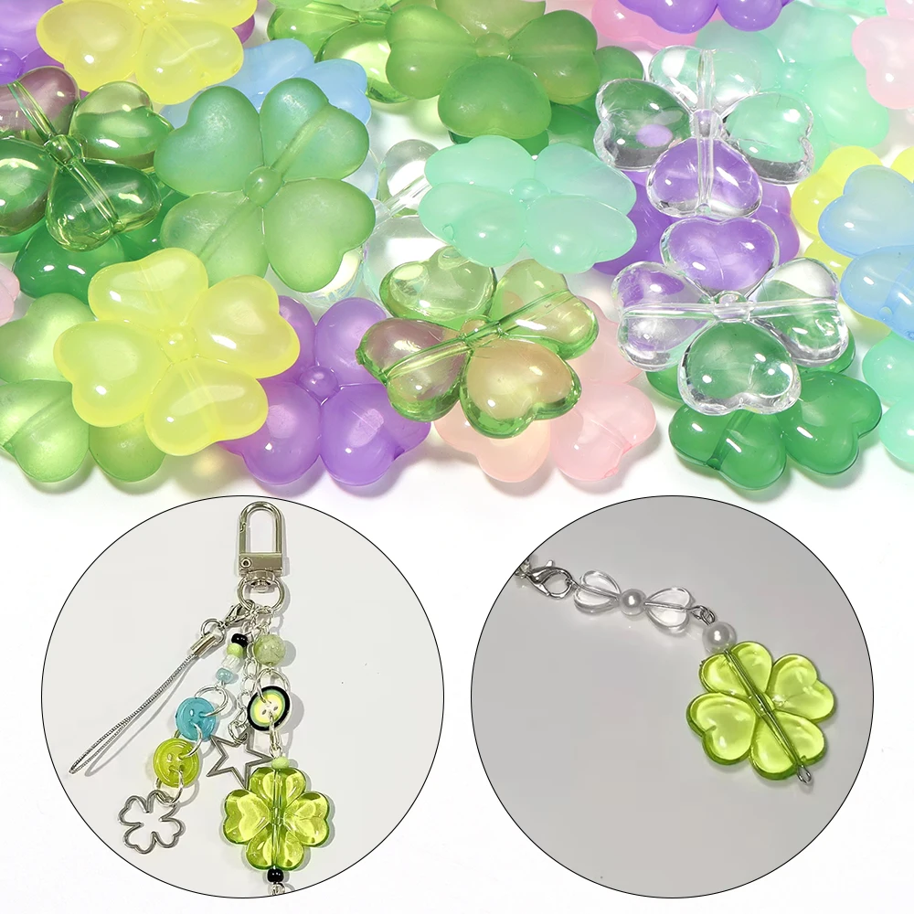 20 Stück Acrylperlen, glückliches Grün, transparent, vierblättriges Kleeblatt-Form, lose Perlen für DIY-Schmuck, Halsketten, Handyketten, handgefertigt