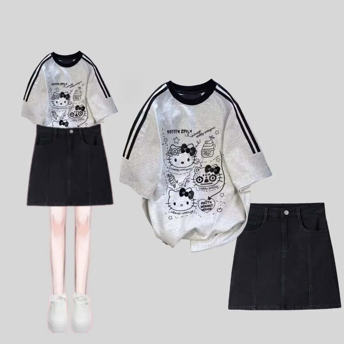 Miniso Hellokitty Suits 2pcs/set 40-70kg Top Cotton T-shirt Under Anti-exposure Short Culottes Print Kitcat Fashion New Clothes