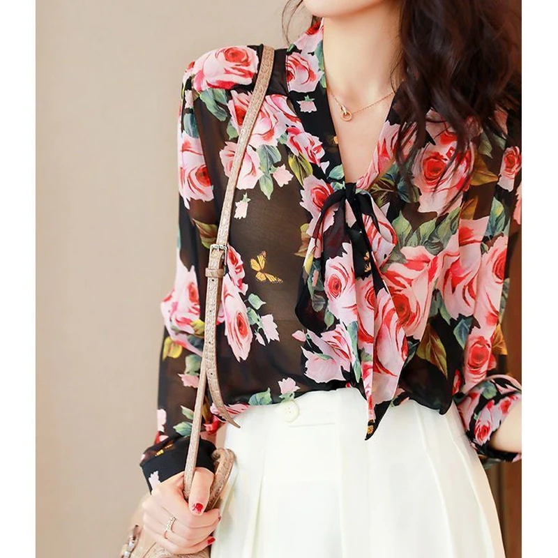 Elegant Bow Patchwork Shirt Tops Spring New Long Sleeve Loose Printing Chiffon Thin Blouse Temperament Fashion Women Clothing