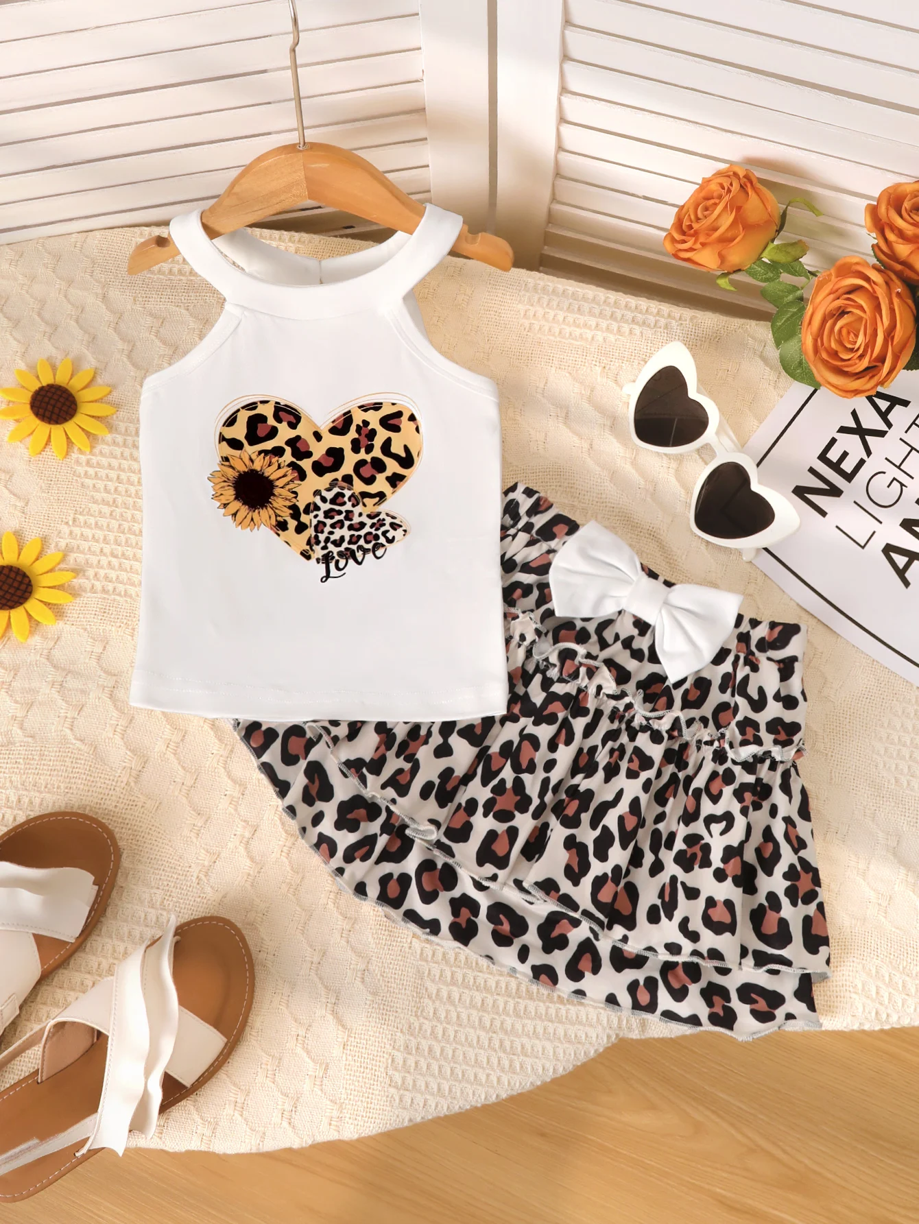 Summer  4-7  Years  Old  Cool  Girls    Peach  Heart  Leopard  Print   Sleeveless  Top  And  Printed  Midi  Skirt  Casual   3-Pi