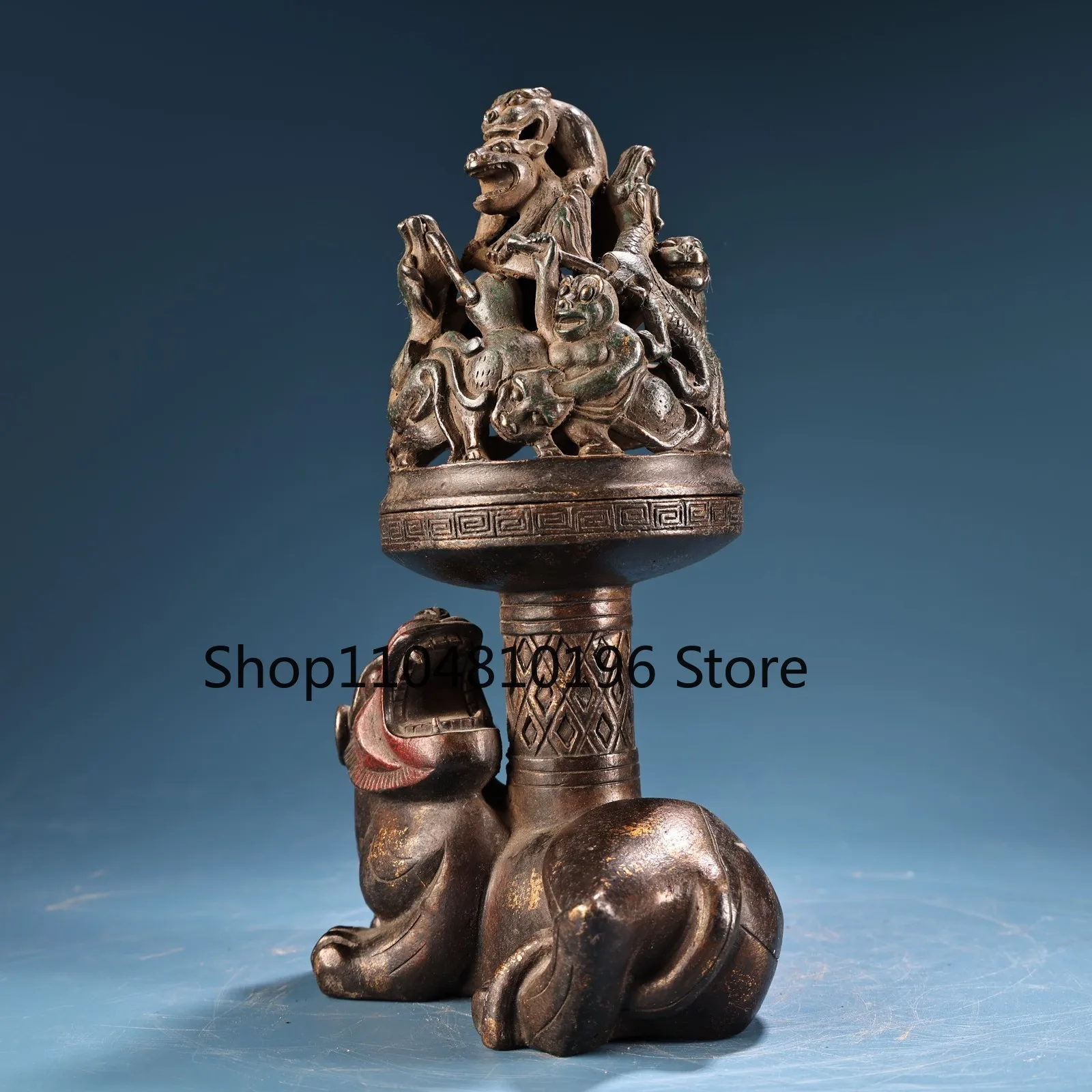 Bronze Gilded Cinnabar Unicorn Statue Boshan Incense Burner Base Divine Beast