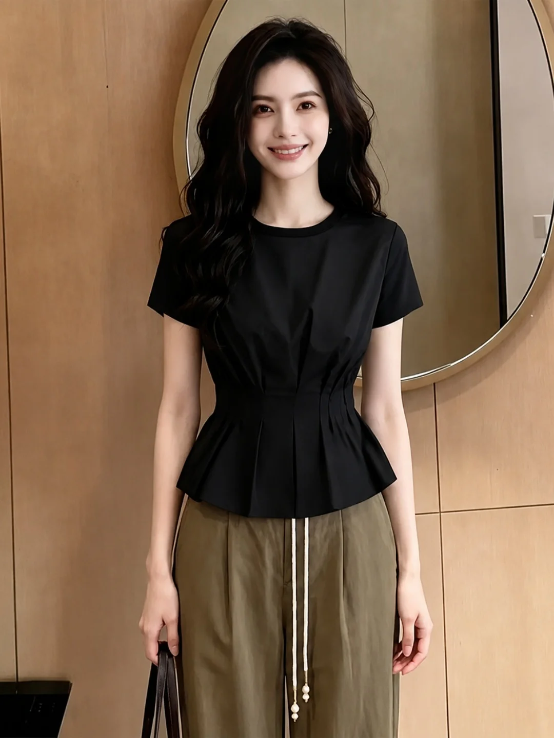 

Summer Korean Style Women's T-Shirt Short Sleeve Waist-Cinching Color Fashionable Youthful Top Elegant Unique