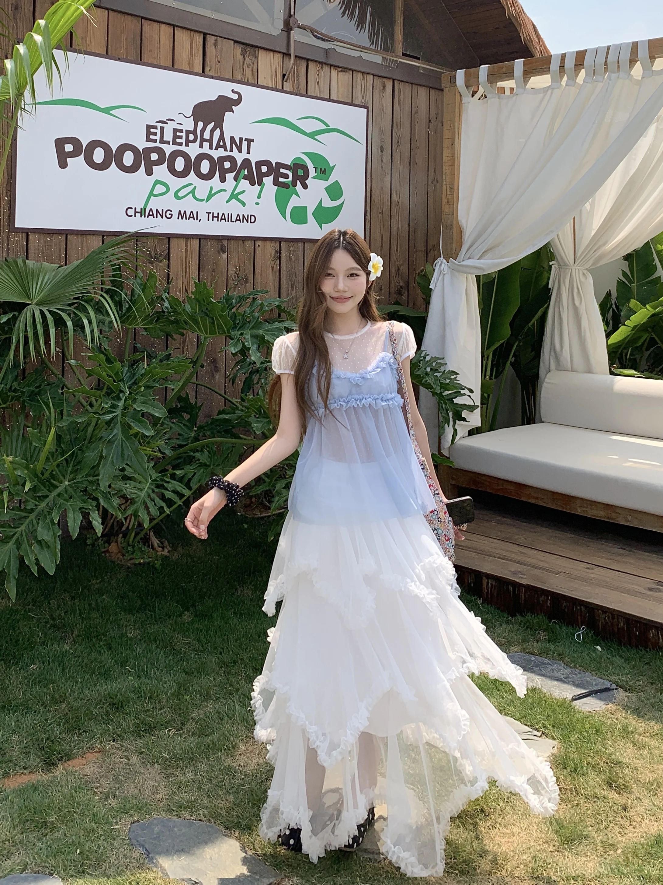 Sweet Style Mesh Short Sleeve T-Shirt with Halter Neck Top Women's Loose Midi Skirt Long Skirt Three Piece Set Summer Fashion