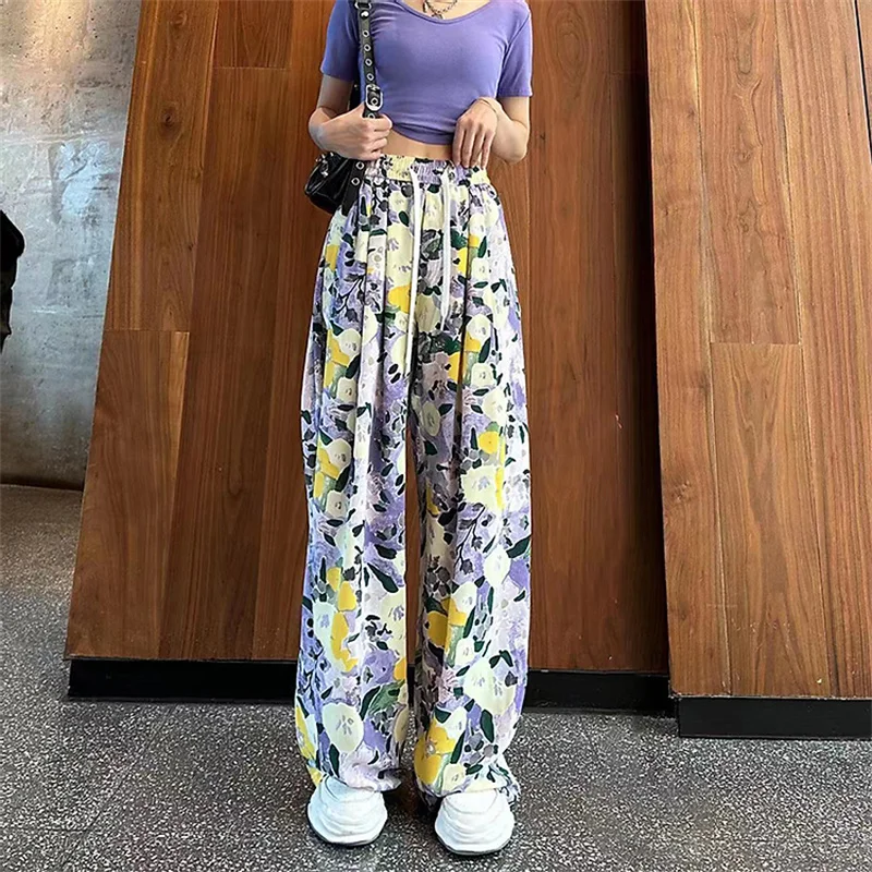 

2024 New,Summer Print Fake Style Wide Leg Pants, For Women's Clothing,Retro Elastic High Waist Straight Pants, Female Trousers