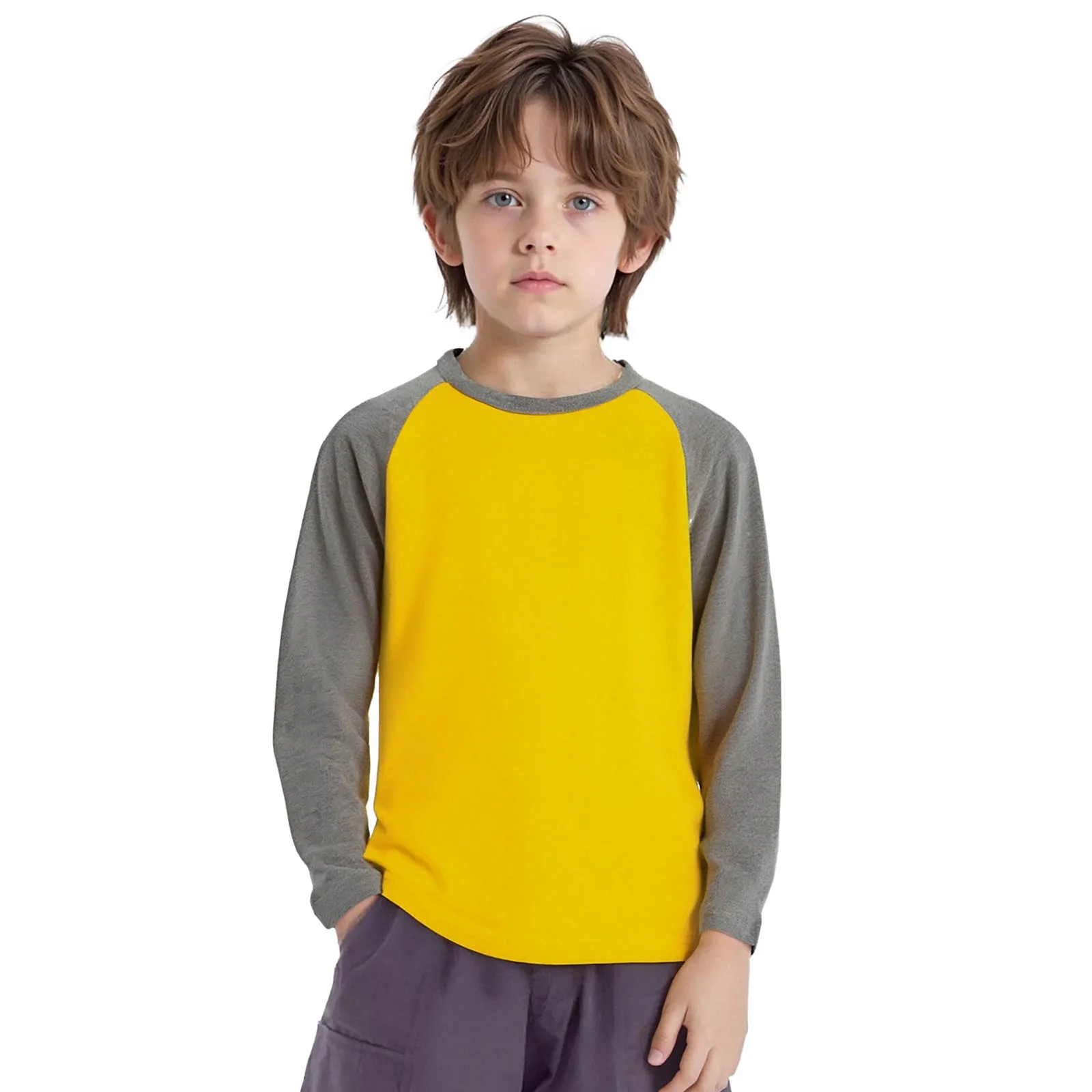 

Kids Boys Pullover Top Fashion Cotton Color Block Long Raglan Sleeves Round Neck T-shirt for School Dailywear Casual Clothing