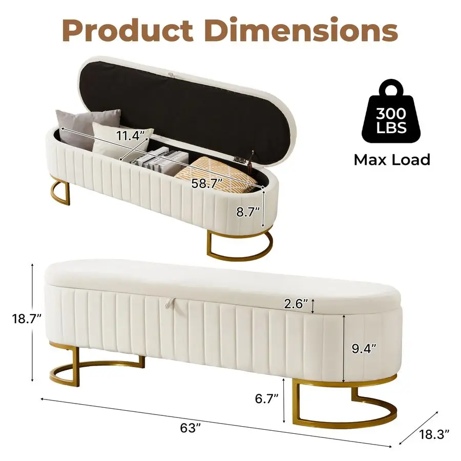 Banc ottoman, 63 bancs d'extrémité de lit en velours, banc de chambre à coucher King Size avec pieds en métal doré, banc de rangement rembourré pour chambre à coucher
