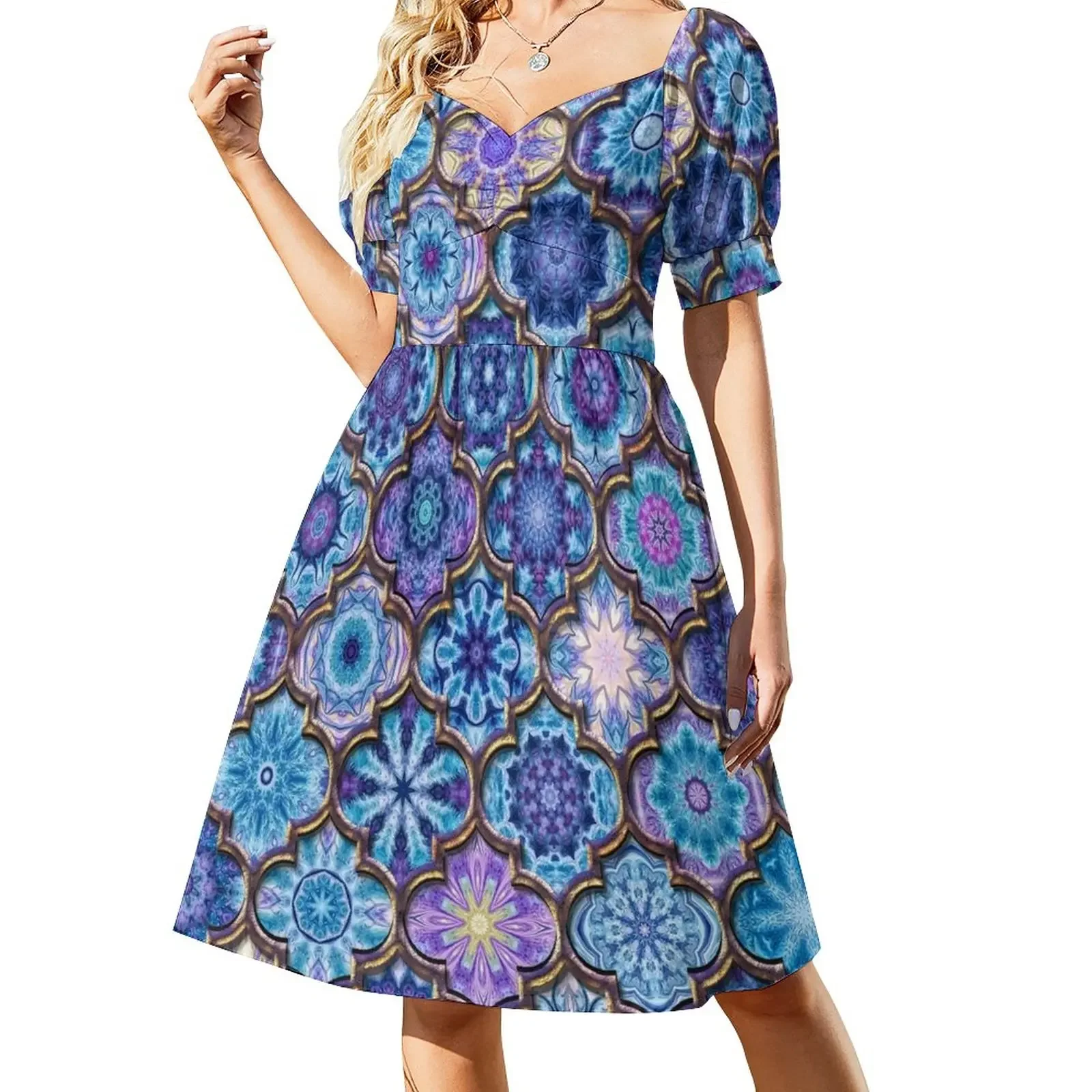 

Moroccan Tile Pattern, Blue, purple Short-Sleeved Dress dress womens dress dresses for womens 2025