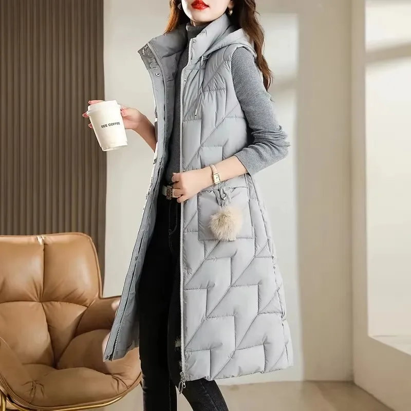 2024 New Women Winter Long Down Cotton Vest Jacket Sleeveless Hooded High-Quality Thick Warm Parkas Female Waistcoat Outwear
